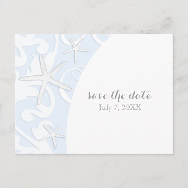 Postal De Anuncios Boda Blanca Starfish Blue Beach Save The Date (Anverso)