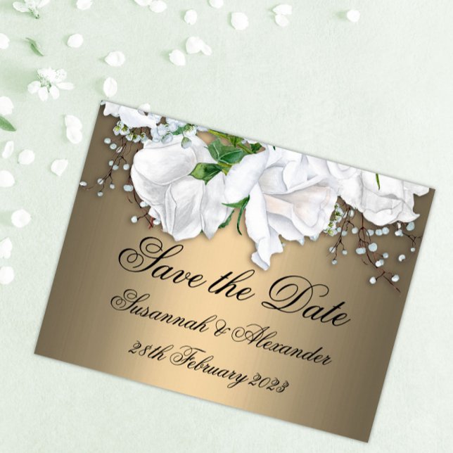Postal De Anuncios Boda Boho Bronce y Rosas Blancas Save the Date  (Subido por el creador)