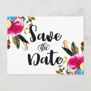 Postal De Anuncios Boda Boho Chic Floral Acuarela Guardar la Fecha