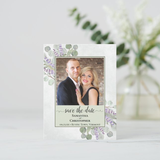 Postal De Anuncios Boda Boho Eucalipto Salvia Guardar la Fecha Foto (Anverso de pie)