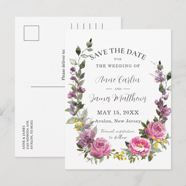 Postal De Anuncios Boda Boho Magenta Floral Ahorra la Fecha (Anverso / Reverso)
