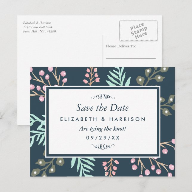 Postal De Anuncios Boda Botánica De Cerezo Para Salvar La Fecha (Anverso / Reverso)