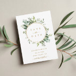 Postal De Anuncios Boda Botánica de Verdor de Oro Guardar la Fecha<br><div class="desc">Esta boda ahorra la fecha de la postal con características de eucalipto pintado de color agua,  hojas verdes y un marco de círculo dorado. Para una personalización más avanzada de este diseño,  haga clic en el enlace "Personalizar más adelante". También están disponibles los elementos coincidentes.</div>
