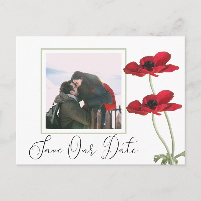 Postal De Anuncios Boda botánica floral roja moderna salva la fecha (Anverso)