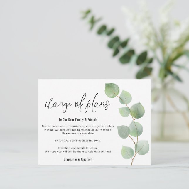 Postal De Anuncios Boda Cambio de fecha Script Eucalyptus (Anverso de pie)