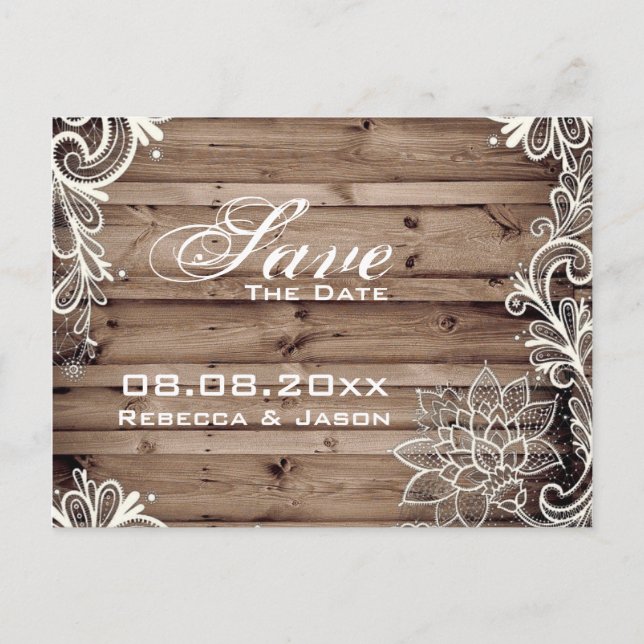 Postal De Anuncios boda campestre de madera de granero de encaje guar (Anverso)
