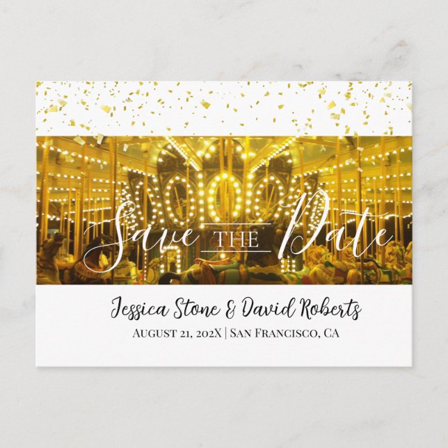 Postal De Anuncios Boda Carousel Merry-Go-Round Gold Confetti (Anverso)