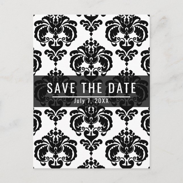 Postal De Anuncios Boda Chic Damask Negro y Blanco Save the Date (Anverso)