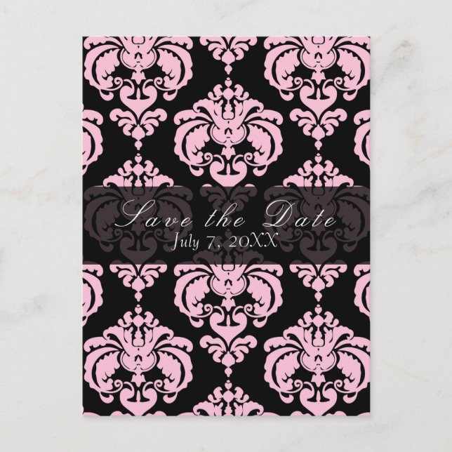 Postal De Anuncios Boda Chic Damask Negro y Rosa Guardar la Fecha (Anverso)