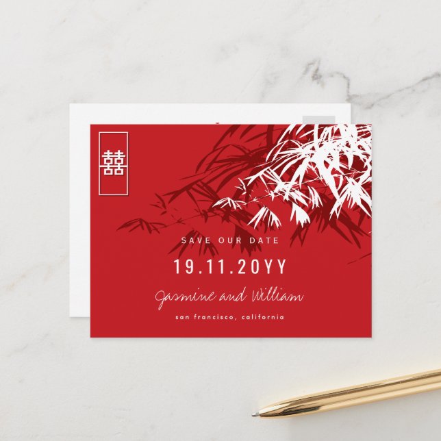 Postal De Anuncios Boda China Bamboo Zen Moderno Avisa con Anticipaci (Anverso/Reverso In Situ)