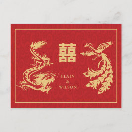 Postal De Anuncios Boda China Dragón-Fénix Doble Xi Rojo Oro