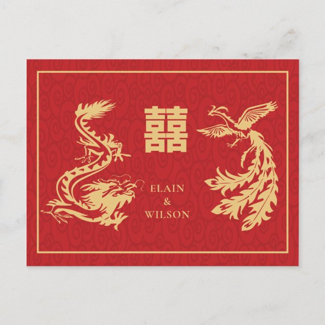 Postal De Anuncios Boda China Dragón-Fénix Doble Xi Rojo Oro (Anverso)