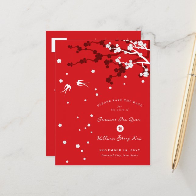 Postal De Anuncios Boda China Sakura Chic Golondrinas Save The Date (Anverso/Reverso In Situ)