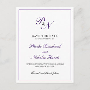 Postal De Anuncios Boda clásica elegante Royal Purple Save the Date