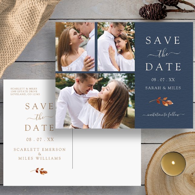 Postal De Anuncios Boda Collage de fotos Caída Guardar La Fecha (Autumn Navy Blue Photo Collage Wedding Save The Date Announcement Postcard by Painted Paperie
)