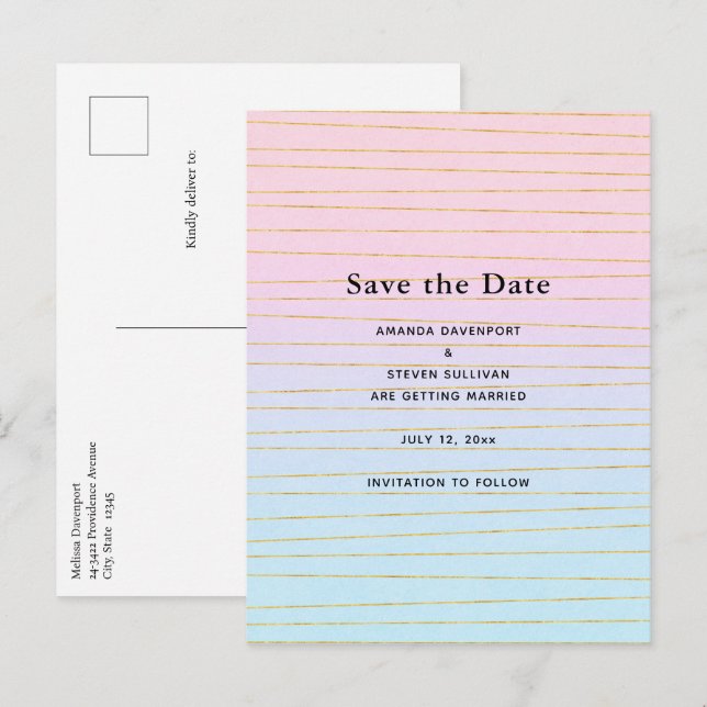 Postal De Anuncios Boda con gradiente pastel rosa y azul con líneas d (Anverso / Reverso)