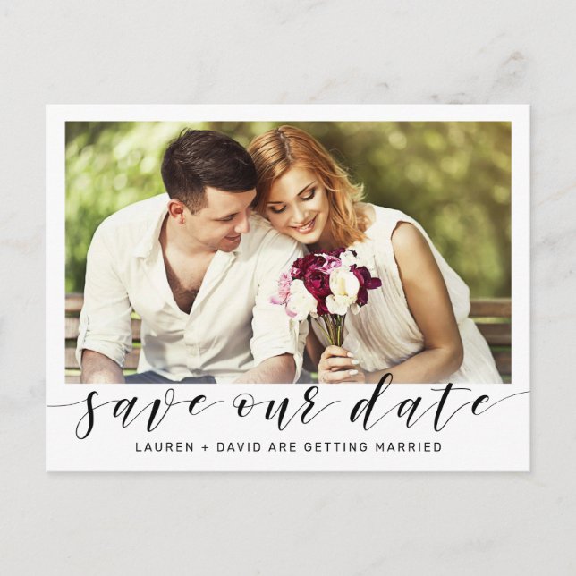 Postal De Anuncios Boda con guión negro para guardar fecha de foto mo (Anverso)