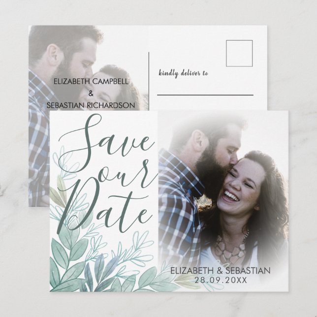 Postal De Anuncios Boda con guirnaldas de escritura moderna Ahorra la (Anverso / Reverso)