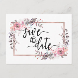 Postal De Anuncios Boda con marco de oro Rubor y Rosa Guardar la fech