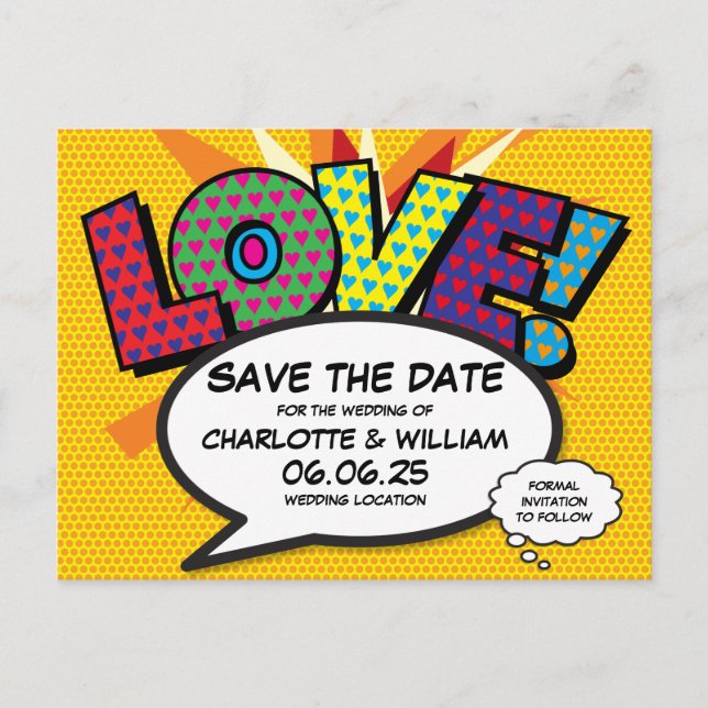 Postal De Anuncios Boda con tema de cómic guardar la fecha (Anverso)