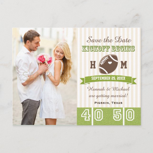 Postal De Anuncios Boda con tema de fútbol, guarde la fecha (Anverso)
