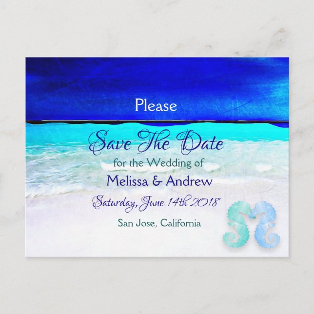 Postal De Anuncios Boda con tema de océano de playa azul, guárdalo (Anverso)