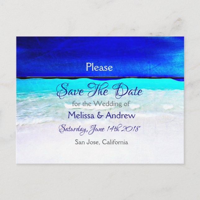 Postal De Anuncios Boda con tema de océano de playa azul, guardar la  (Anverso)