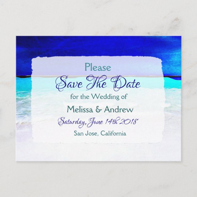 Postal De Anuncios Boda con tema de playa azul, guárdala fecha (Anverso)