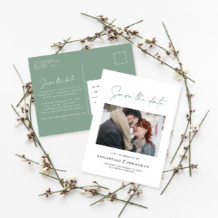 Postal De Anuncios Boda con tipografía verde sage de escritura inform