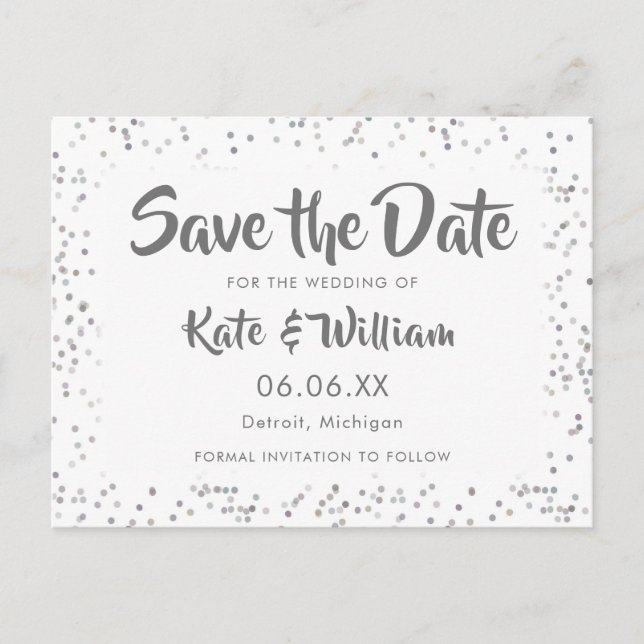 Postal De Anuncios Boda Confeti de Plata Save the Date (Anverso)