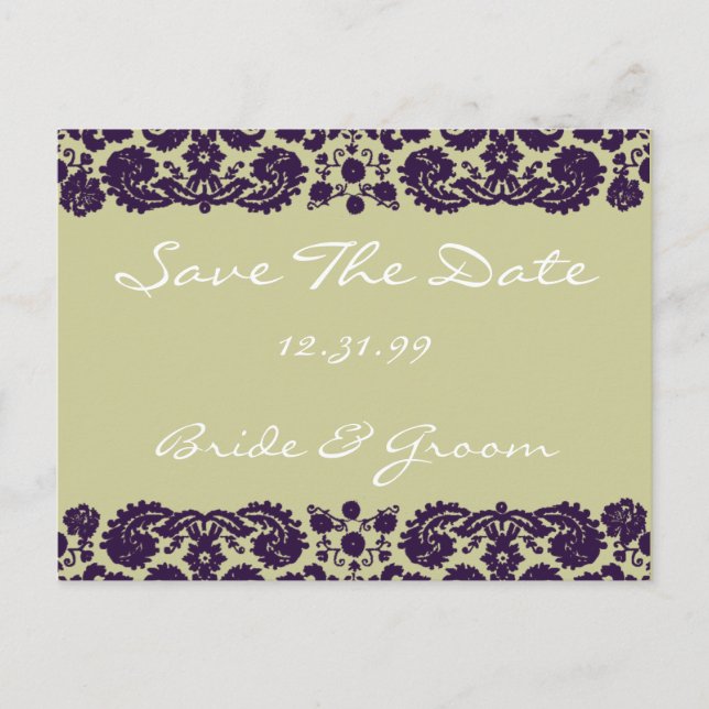 Postal De Anuncios Boda Damask Purple (Anverso)