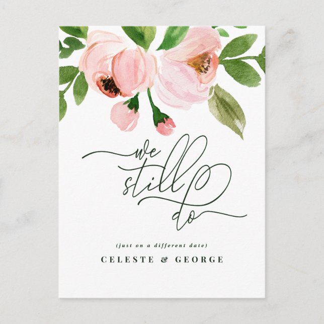 Postal De Anuncios Boda de acuarela floral rosa cambio de fecha (Anverso)