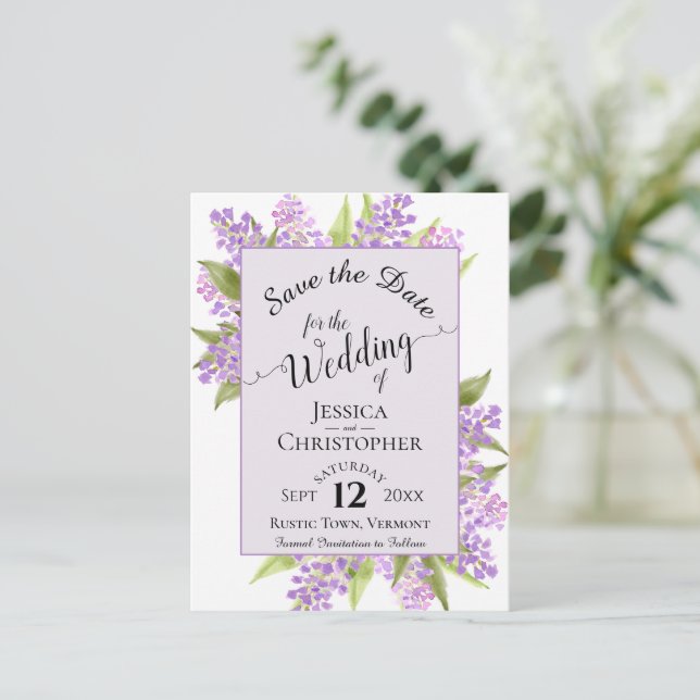 Postal De Anuncios Boda de acuarela Lilas Guardar la fecha Lavanda (Anverso de pie)