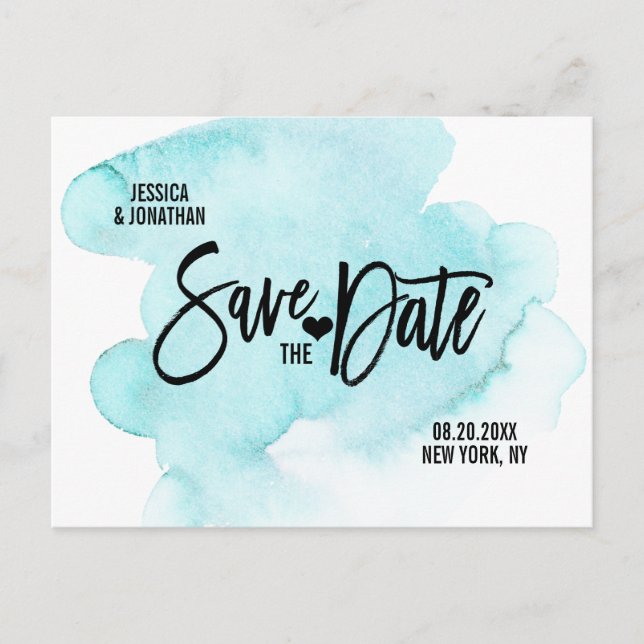 Postal De Anuncios Boda de Acuarela Moderna Azul GUARDA LA FECHA (Anverso)