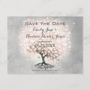 Postal De Anuncios Boda de árbol de hoja de corazón rosa pálido