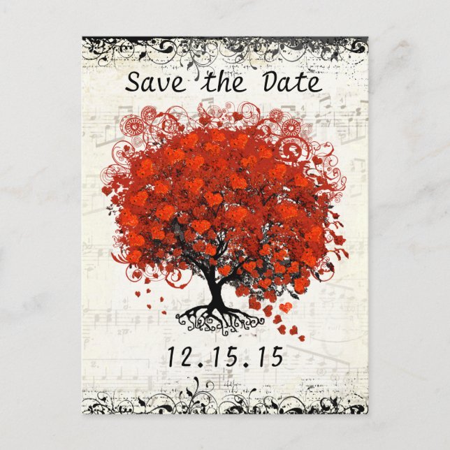 Postal De Anuncios Boda De Árbol Rojo Guardar La Fecha (Anverso)
