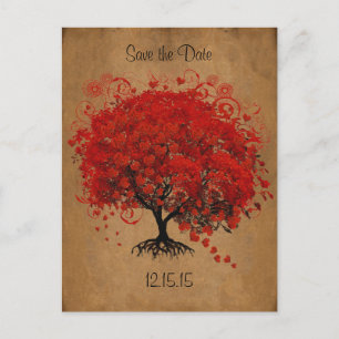 Postal De Anuncios Boda De Árbol Rojo Guardar La Fecha