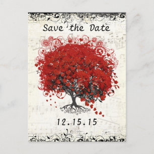 Postal De Anuncios Boda De Árbol Rojo Guardar La Fecha
