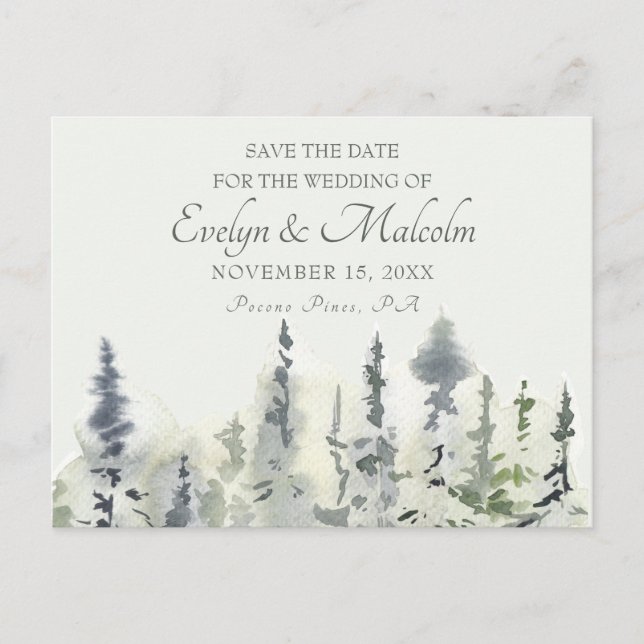 Postal De Anuncios Boda de Árboles Evergreen Trees de Madera Alta (Anverso)