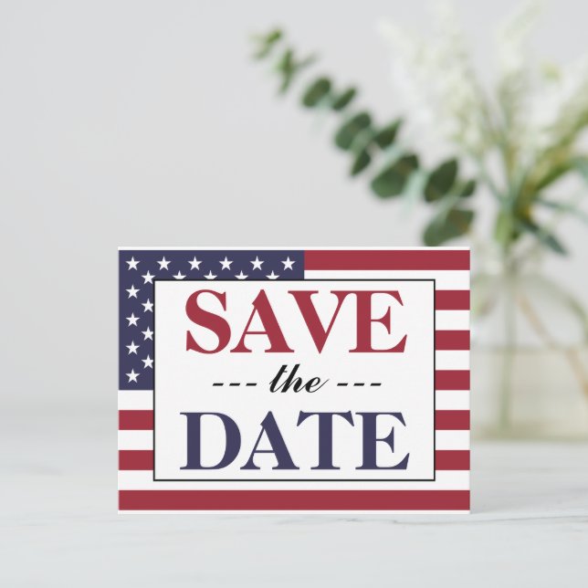 Postal De Anuncios Boda de bandera americana Save The Date (Anverso de pie)