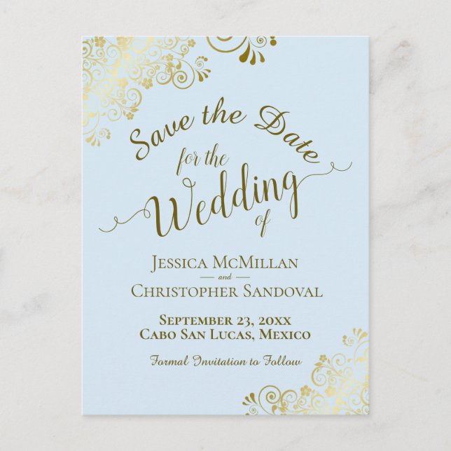 Postal De Anuncios Boda de caligrafía de oro Salve la fecha azul (Anverso)