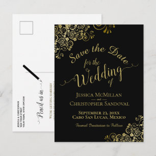 Postal De Anuncios Boda de caligrafía de oro Salve la fecha negra