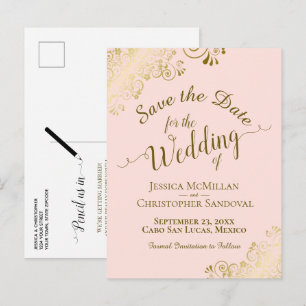 Postal De Anuncios Boda de Caligrafía Dorada Save the Date Rosa Beige