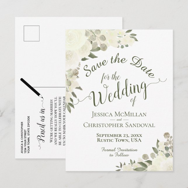 Postal De Anuncios Boda de caligrafía floral blanca salva la fecha (Anverso / Reverso)