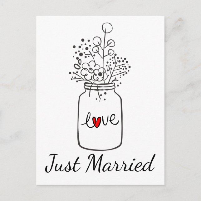 Postal De Anuncios Boda de Campo Casados Frasco de Mason Negro Rojo (Anverso)
