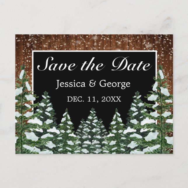 Postal De Anuncios Boda de Campo con Bosque Nevado de Madera (Anverso)