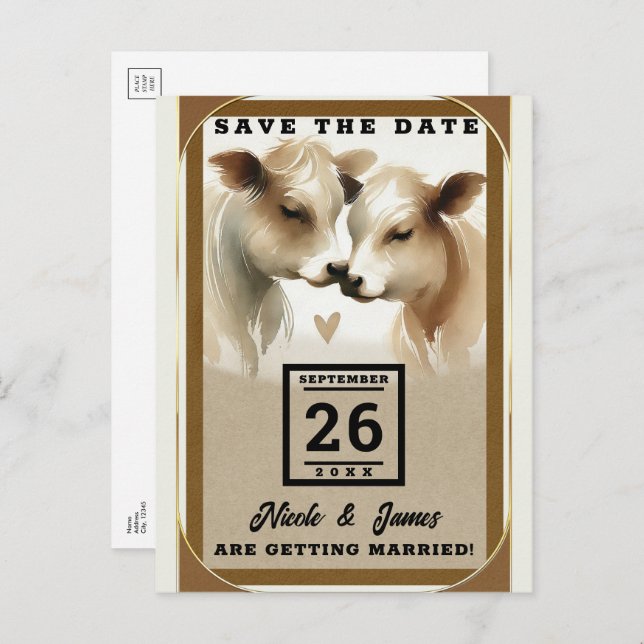 Postal De Anuncios Boda de Campo Cow Love Marrón Crema Save the Date (Anverso / Reverso)