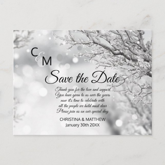 Postal De Anuncios Boda de copos de nieve de invierno GUARDA LA FECHA (Anverso)