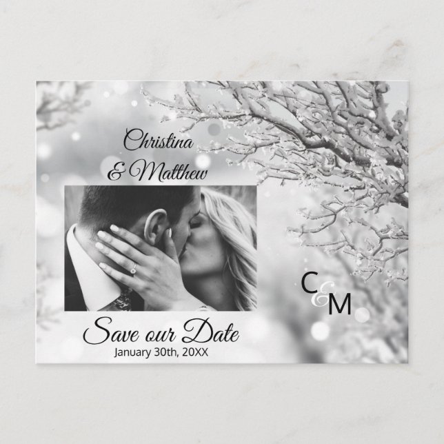 Postal De Anuncios Boda de copos de nieve de invierno GUARDA NUESTRA  (Anverso)