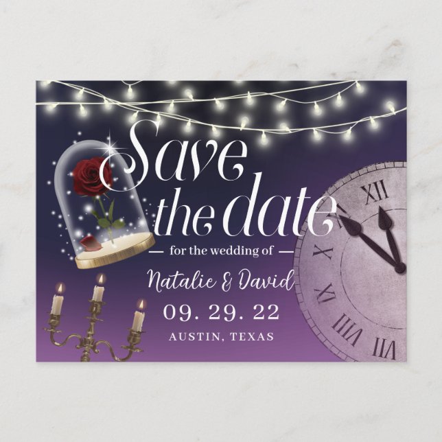 Postal De Anuncios Boda de cuento de hadas Elegant Purple Save the Da (Anverso)